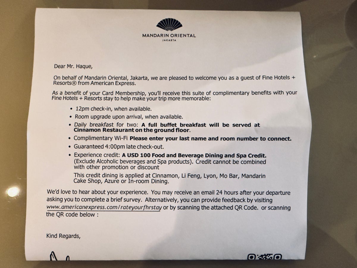 Mandarin Oriental, Jakarta Amex FHR benefits