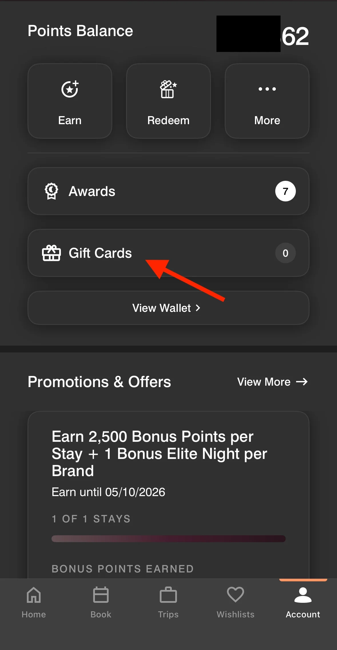 Marriott gift card home screen