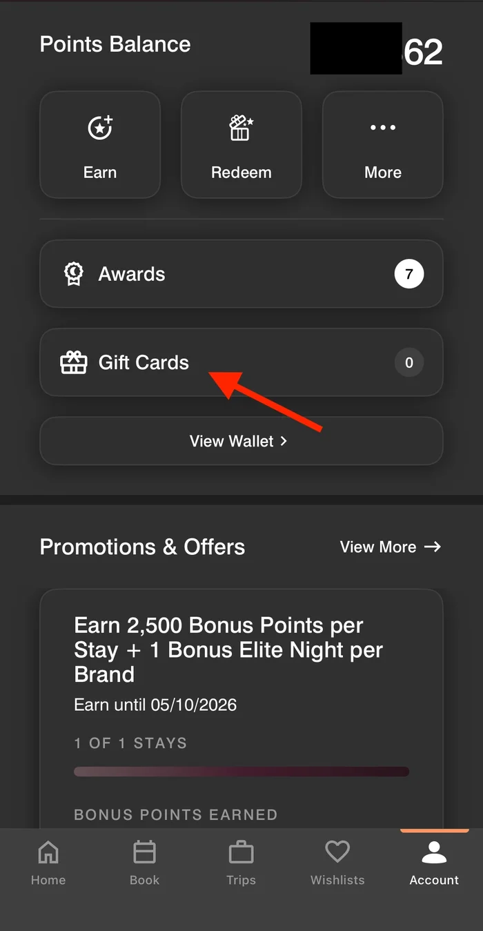 Marriott gift card home screen Marriott gift card home screen
