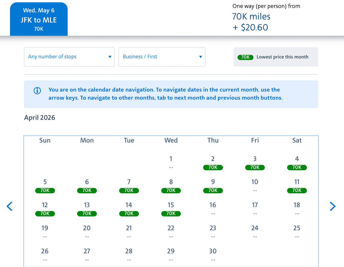New York to Maldives using 70k points Etihad