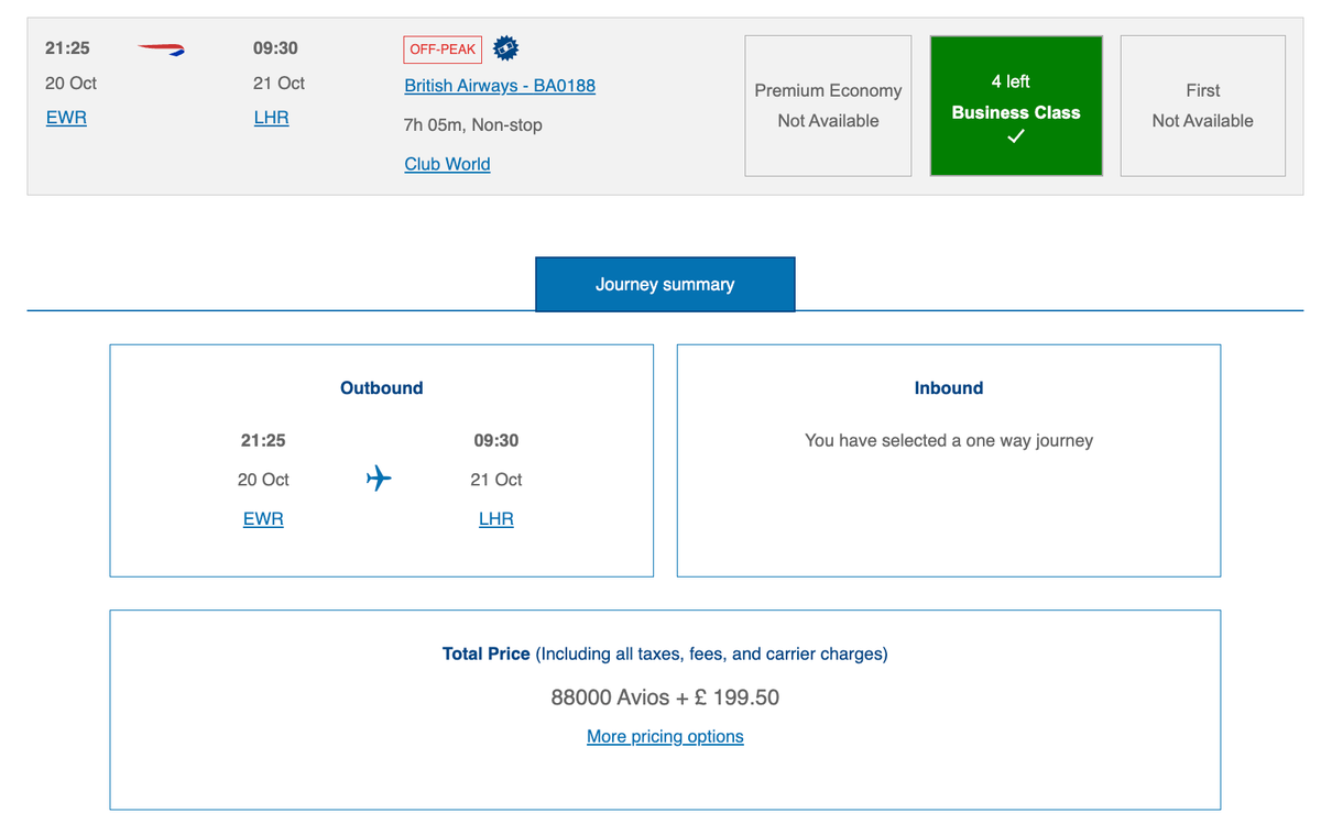 Newark to London for 88k Avios in BA business class