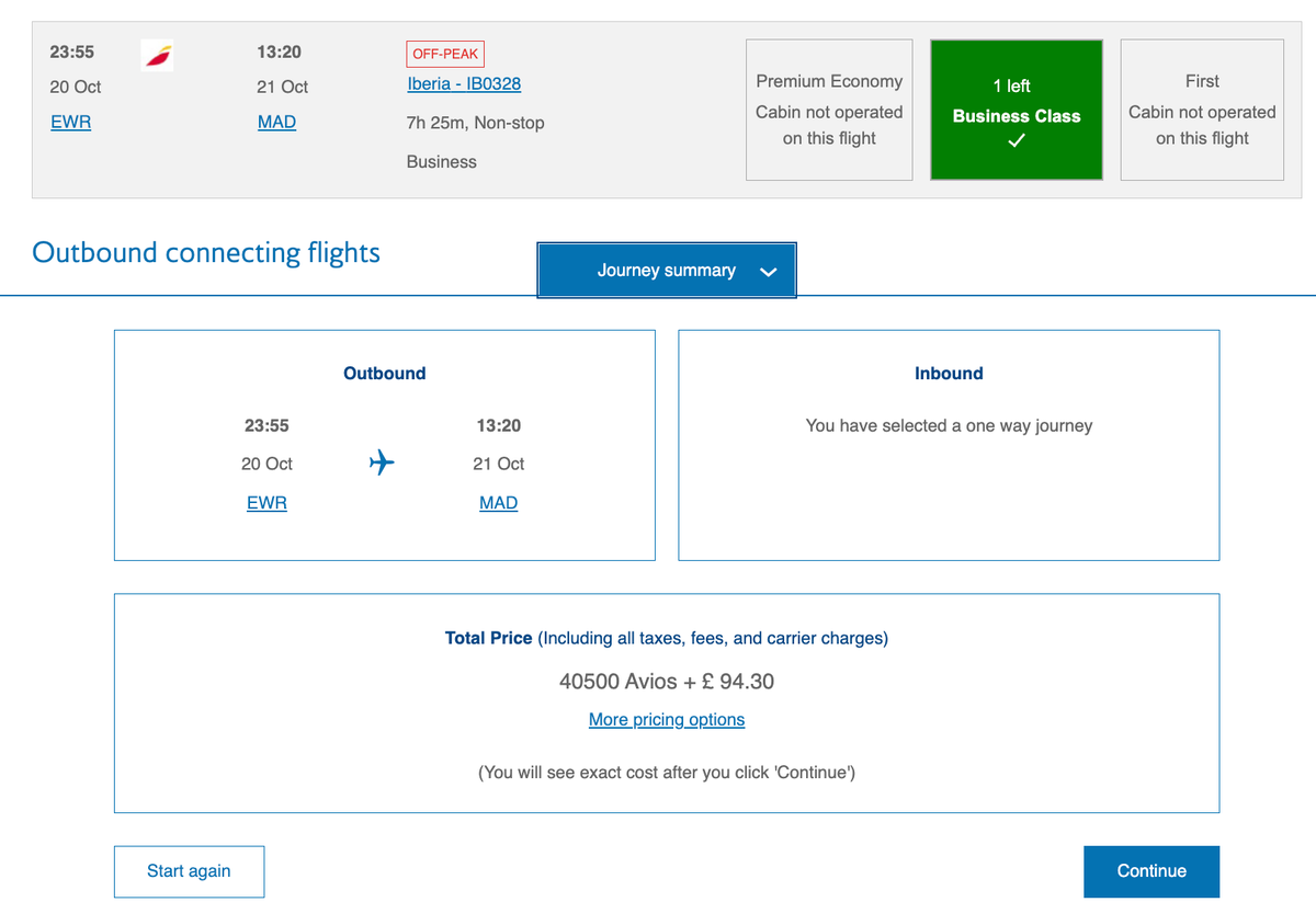 Newark to Madrid for 40k BA Avios in business class