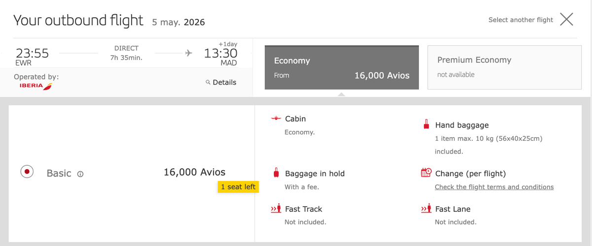 Newark to Madrid with Iberia for 16k Avios in economy