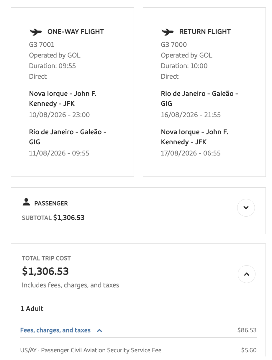 Return fare from JFK to Rio with GOL