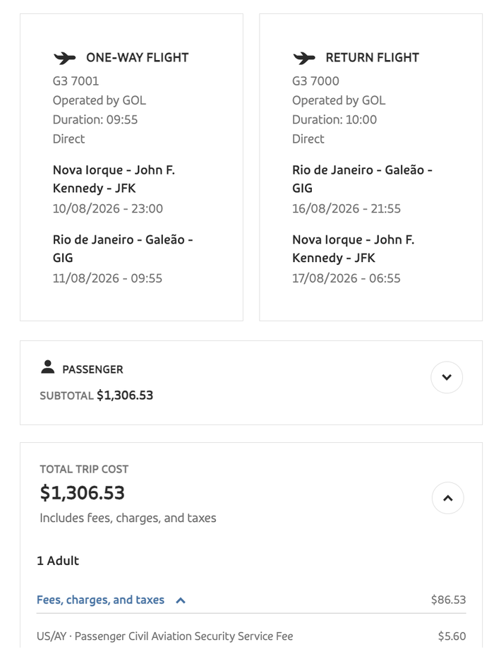 Return fare from JFK to Rio with GOL Return fare from JFK to Rio with GOL