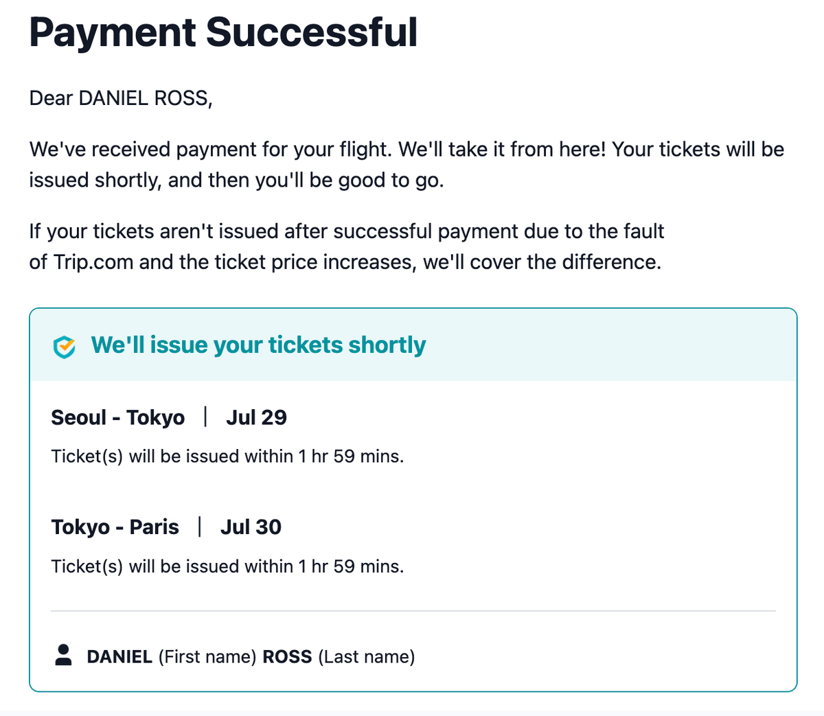 Trip.com payment successful email