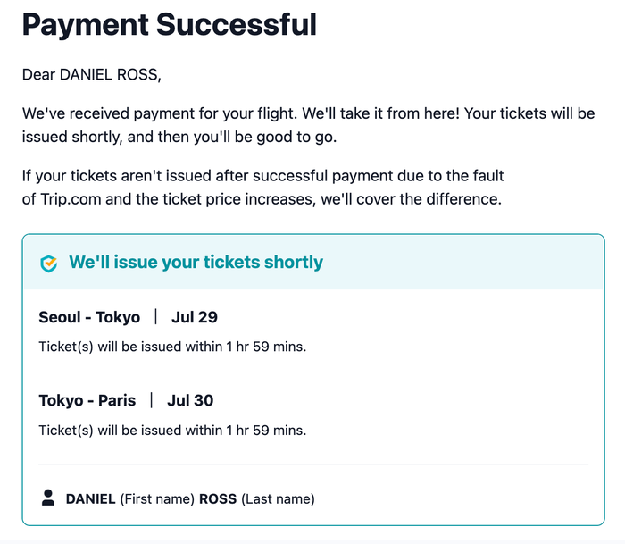Trip dot com payment successful email Trip.com payment successful email