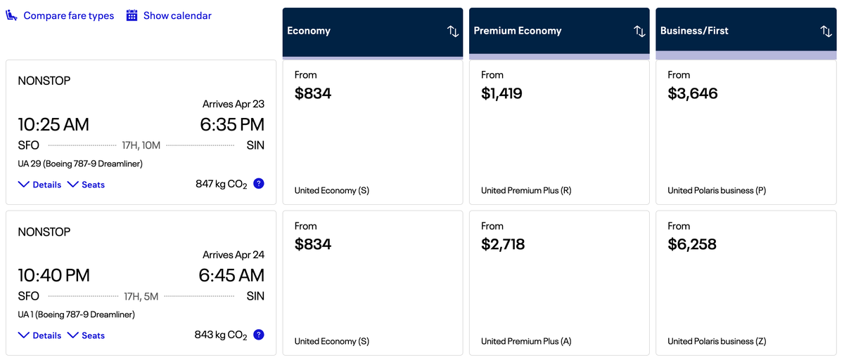 United SFO SIN price comparisons