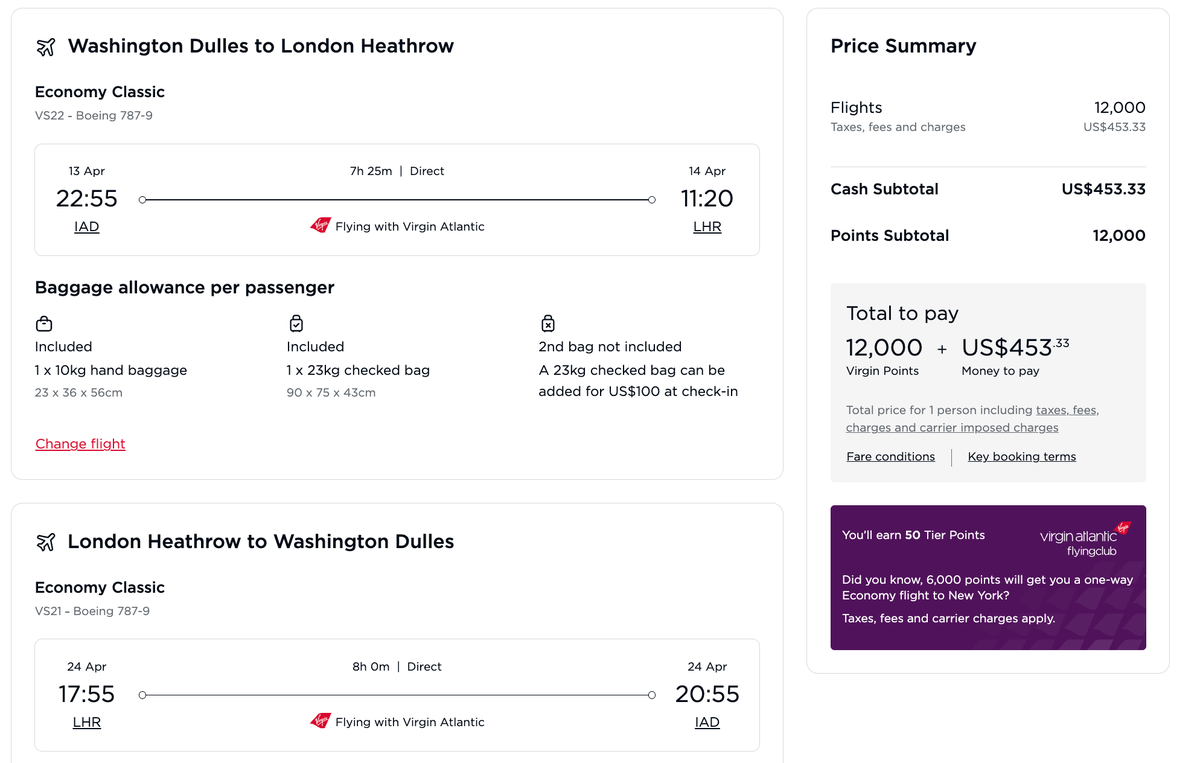 Virgin Atlantic 12K IAD LHR Virgin Atlantic 12K IAD LHR