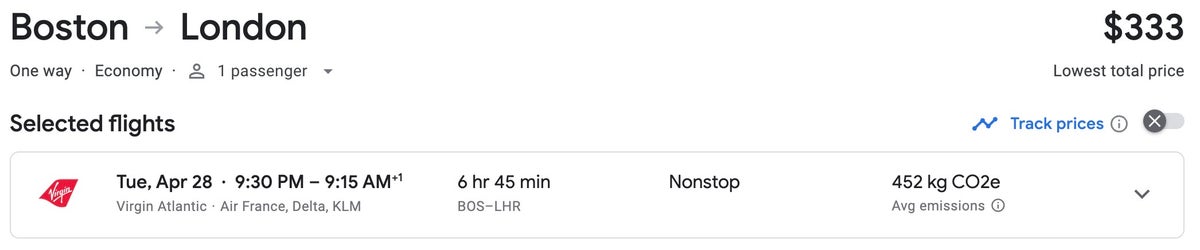 Virgin Atlantic Google Flights price