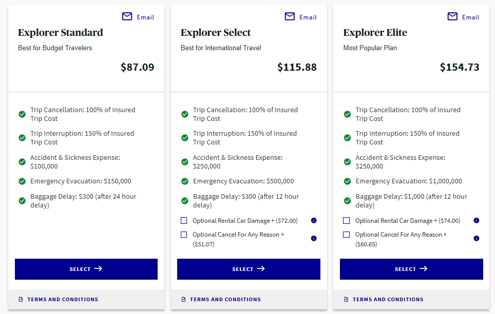 AXA Travel Insurance quote results