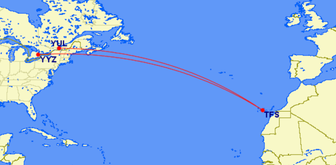 Air Canada route to Tenerife