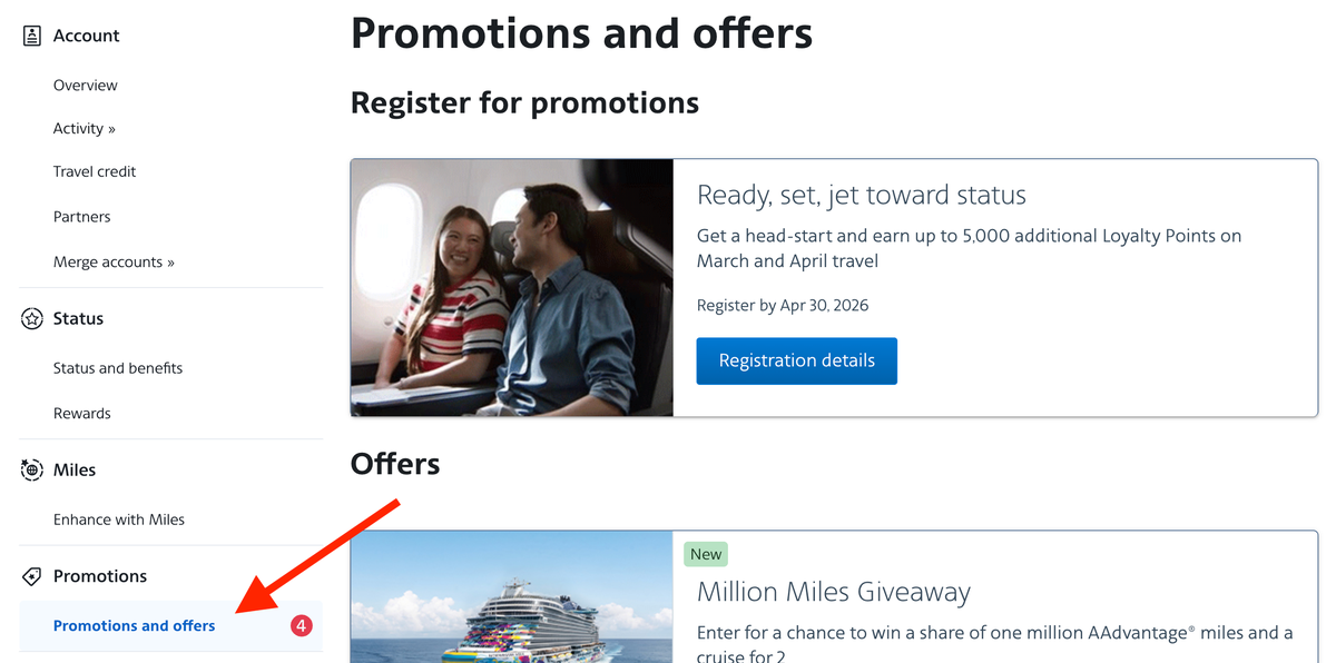 American Airlines AAdvantage promotions section