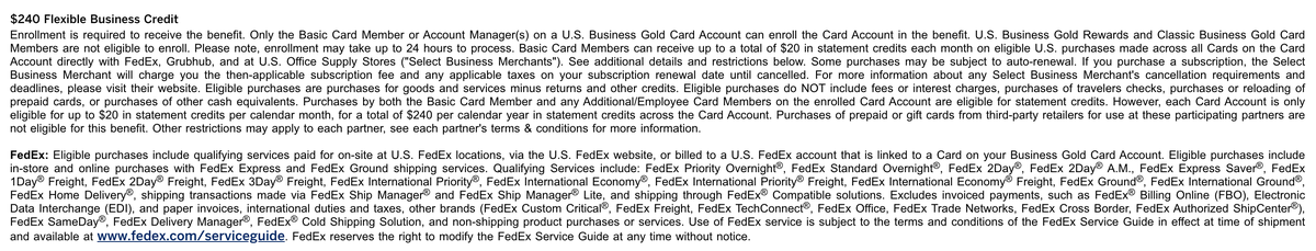 Amex Business Gold $240 credit terms