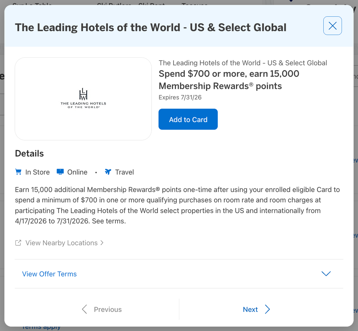 Amex Offer Leading Hotels April 2026