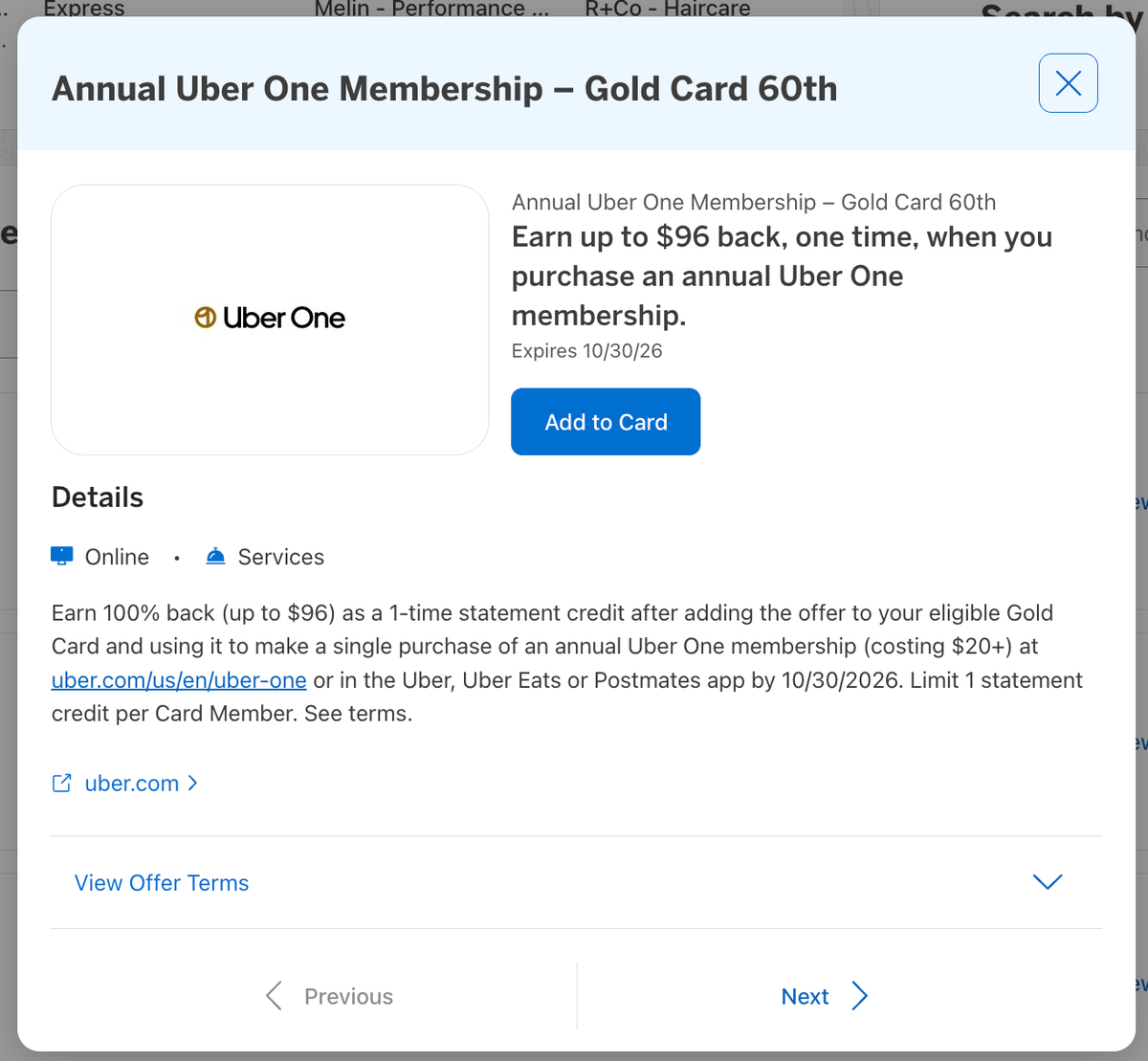 Amex Offer Uber One April 2026