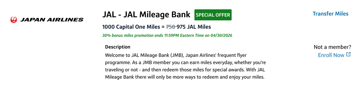 Capital One JAL transfer bonus April 2026 Capital One JAL transfer bonus April 2026