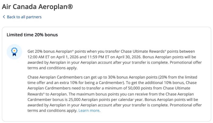Chase 30 transfer bonus Aeroplan November 2025 Chase Aeroplan April Transfer Bonus