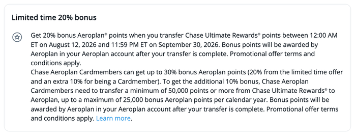 Chase Aeroplan transfer bonus August 2026 Chase Aeroplan transfer bonus August 2026