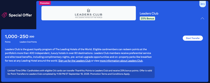Citi transfer bonus Leading Hotels of the World September 2026 Citi transfer bonus Leading Hotels of the World September 2026