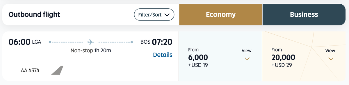 Etihad Guest award ticket from New York to Boston