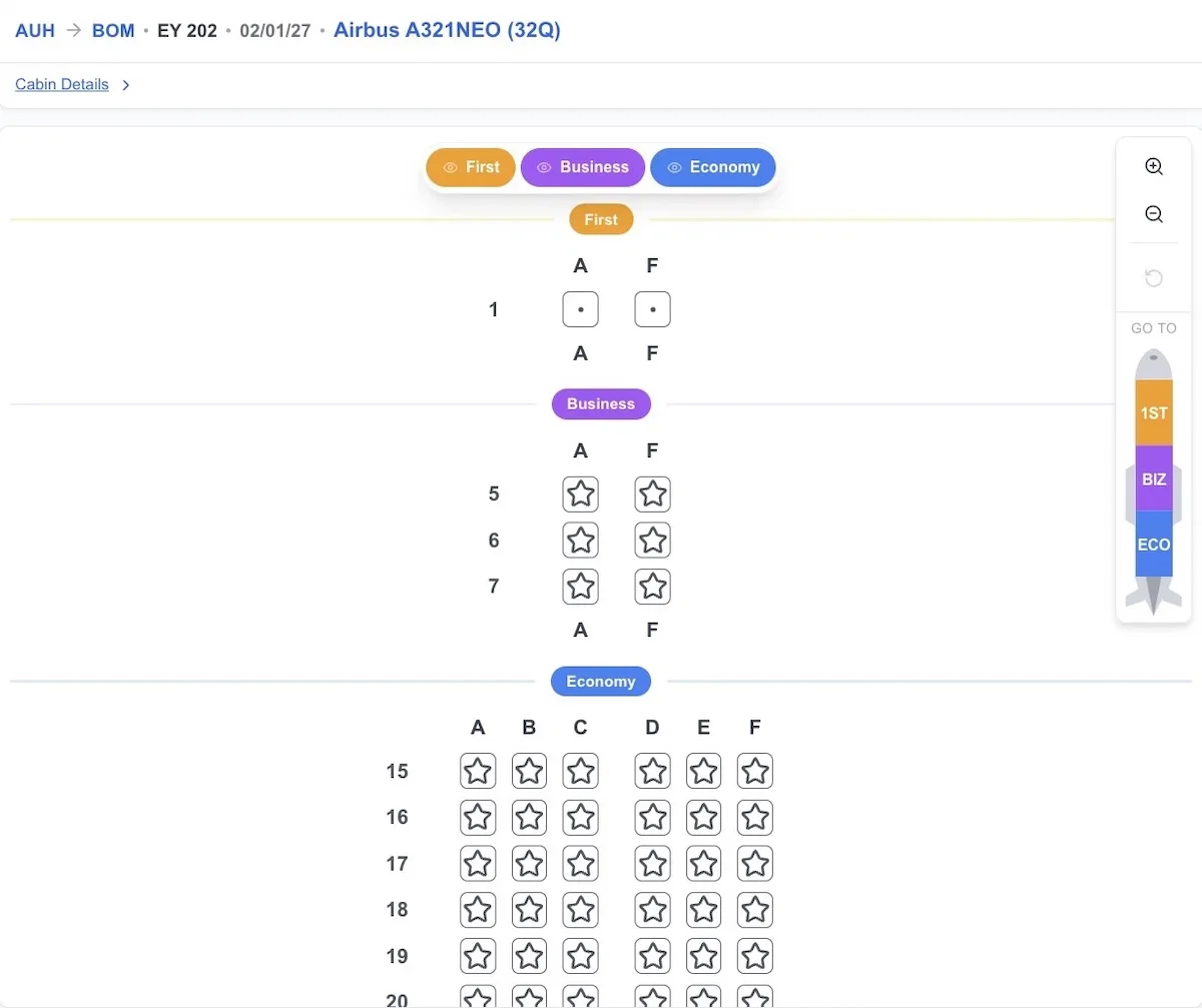Etihad High Density A321LR seat map