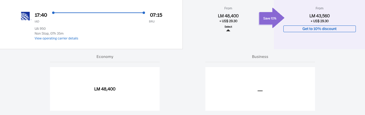 IAD to BRU economy Lifemiles price