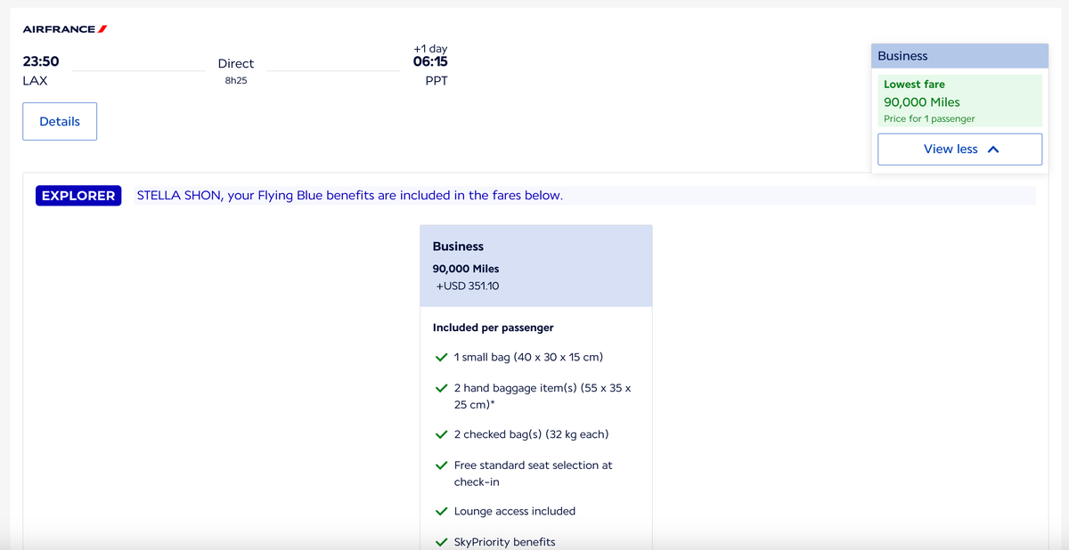 LAX PPT Business Class Air France