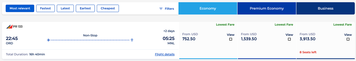 Philippine Airlines ORD MNL inaugural price