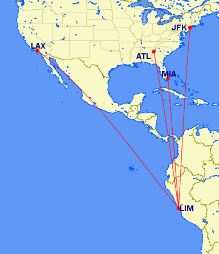 Possible LATAM A321XLR routes to the US from Lima Possible LATAM A321XLR routes to the US from Lima