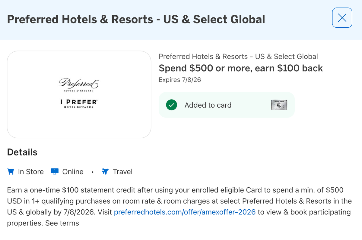 Preferred hotels amex offer