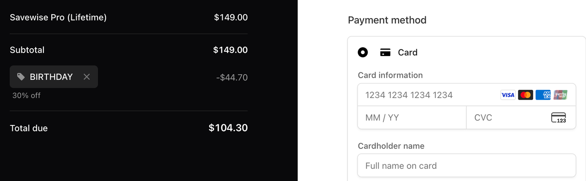 Savewise BIRTHDAY promo code discount