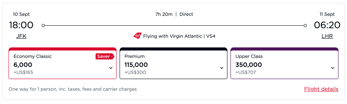 Virgin Atlantic Award Fees JFK LHR