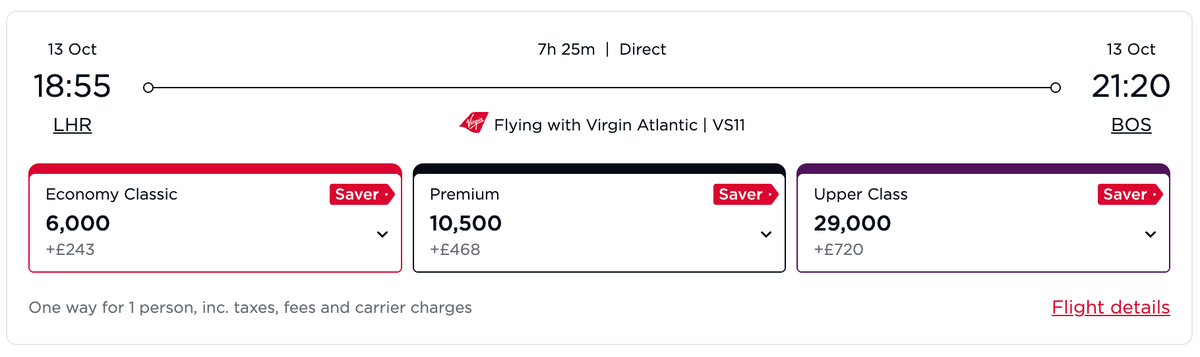 Virgin Atlantic Surcharges LHR-BOS