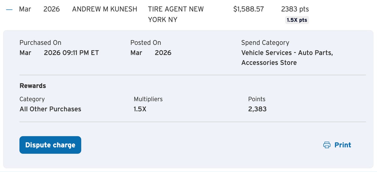 Tire Agent purchase on Citi Strata Elite card