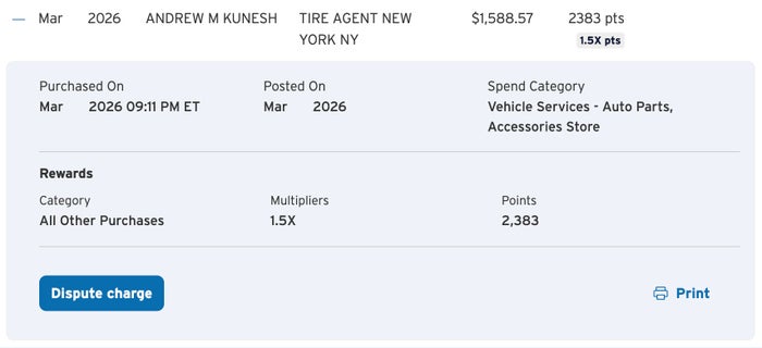 Screenshot Tire Agent purchase on Citi Strata Elite card