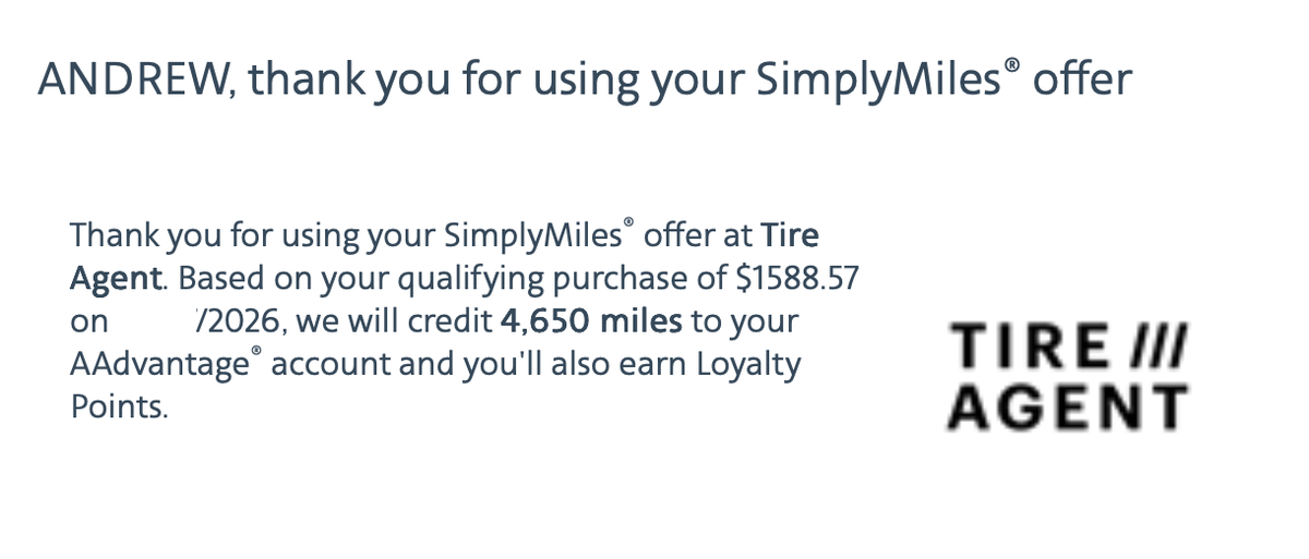 TireAgent SimplyMiles Confirmation