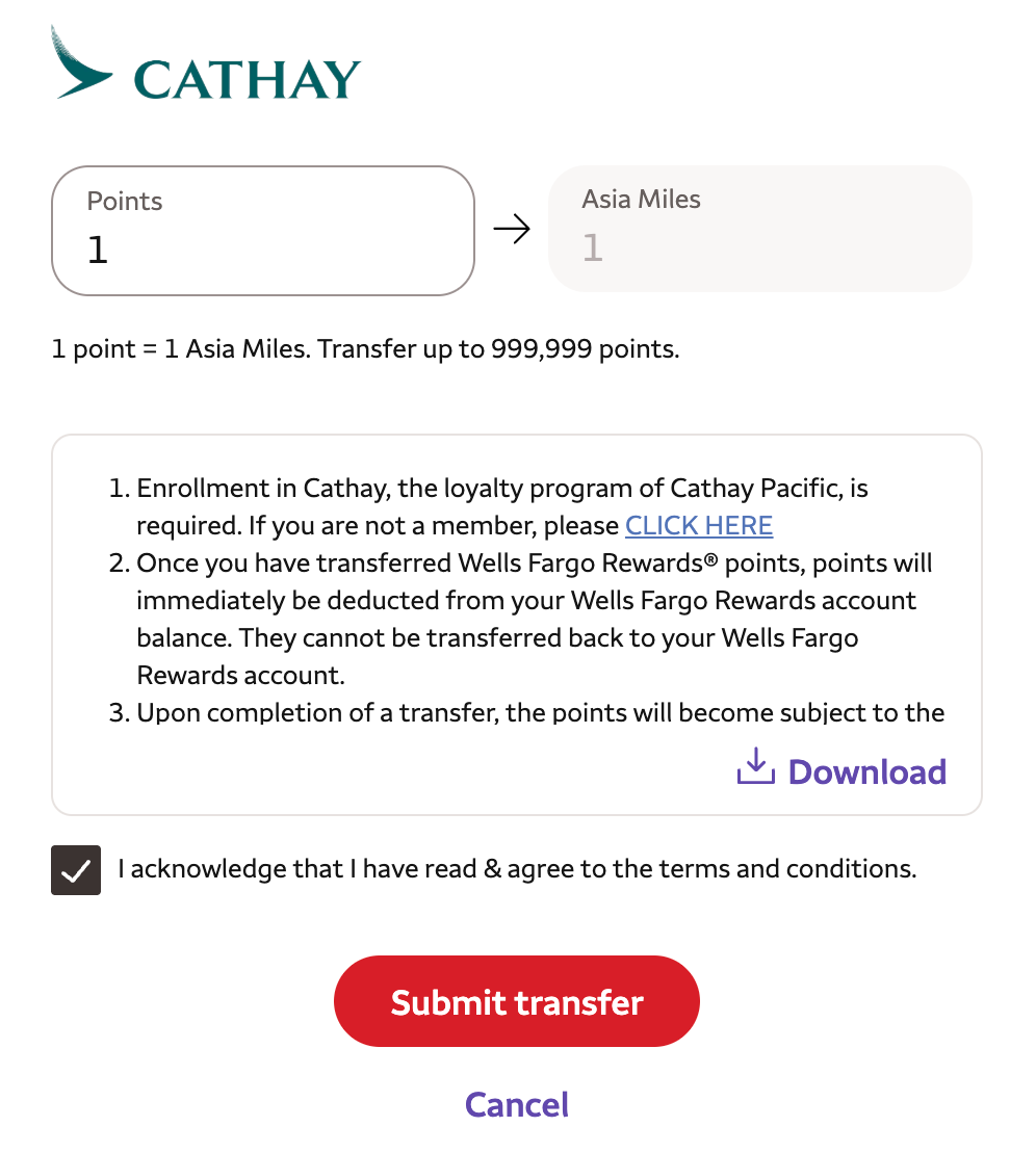 Transfer 1 point Wells Fargo to Cathay