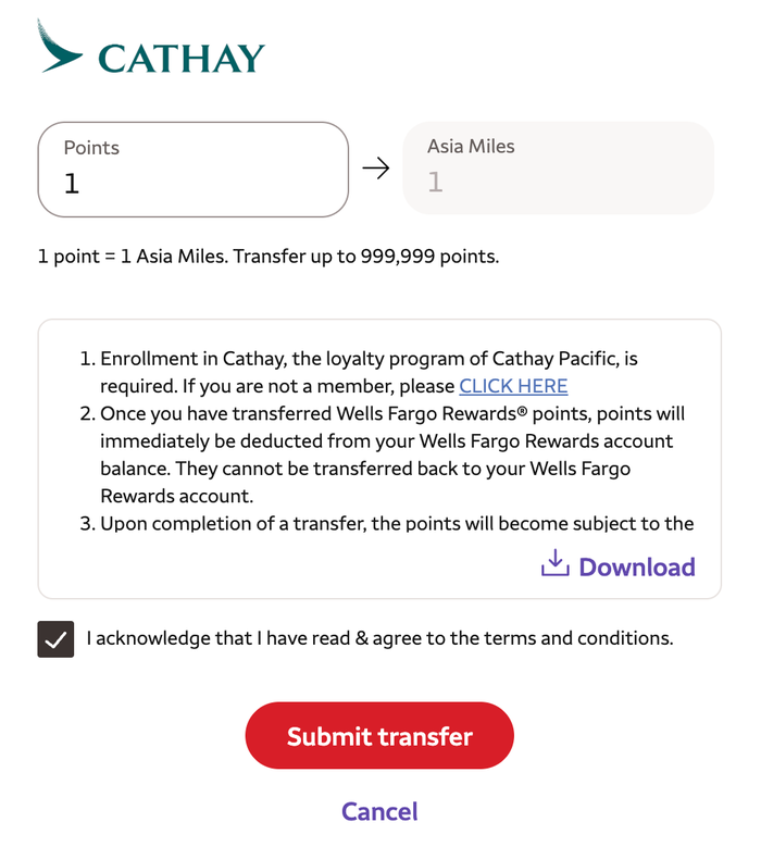 Transfer 1 point Wells Fargo to Cathay