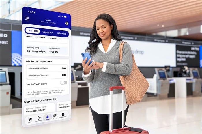 United app showing TSA wait times in Denver