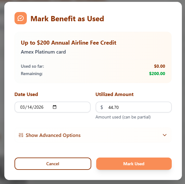 UseYourCredits airline fee credit used