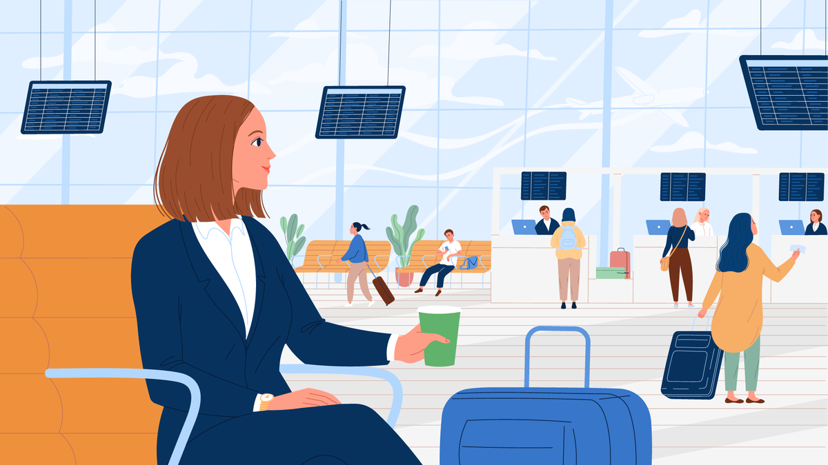 Woman drinking coffee at airport