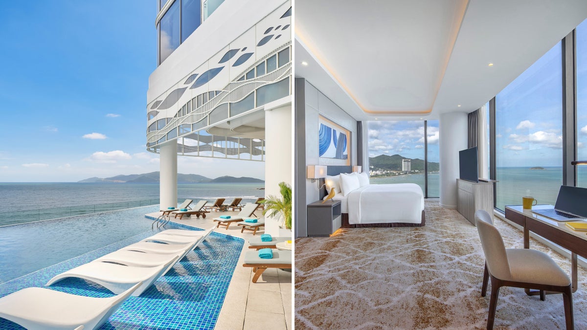 voco Scenia Bay Nha Trang infinity pool and guest room