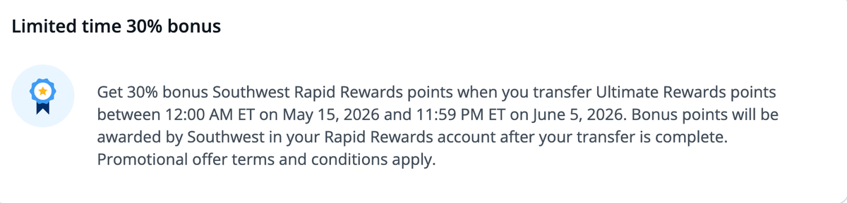 30% Chase to Southwest transfer bonus