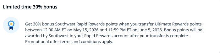 30% Chase to Southwest transfer bonus 30% Chase to Southwest transfer bonus