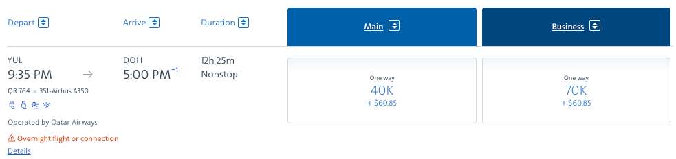 AAdvantage award YUL DOH Qsuite