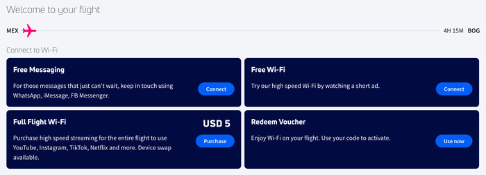 Aeromexico MEX BOG Wi Fi options