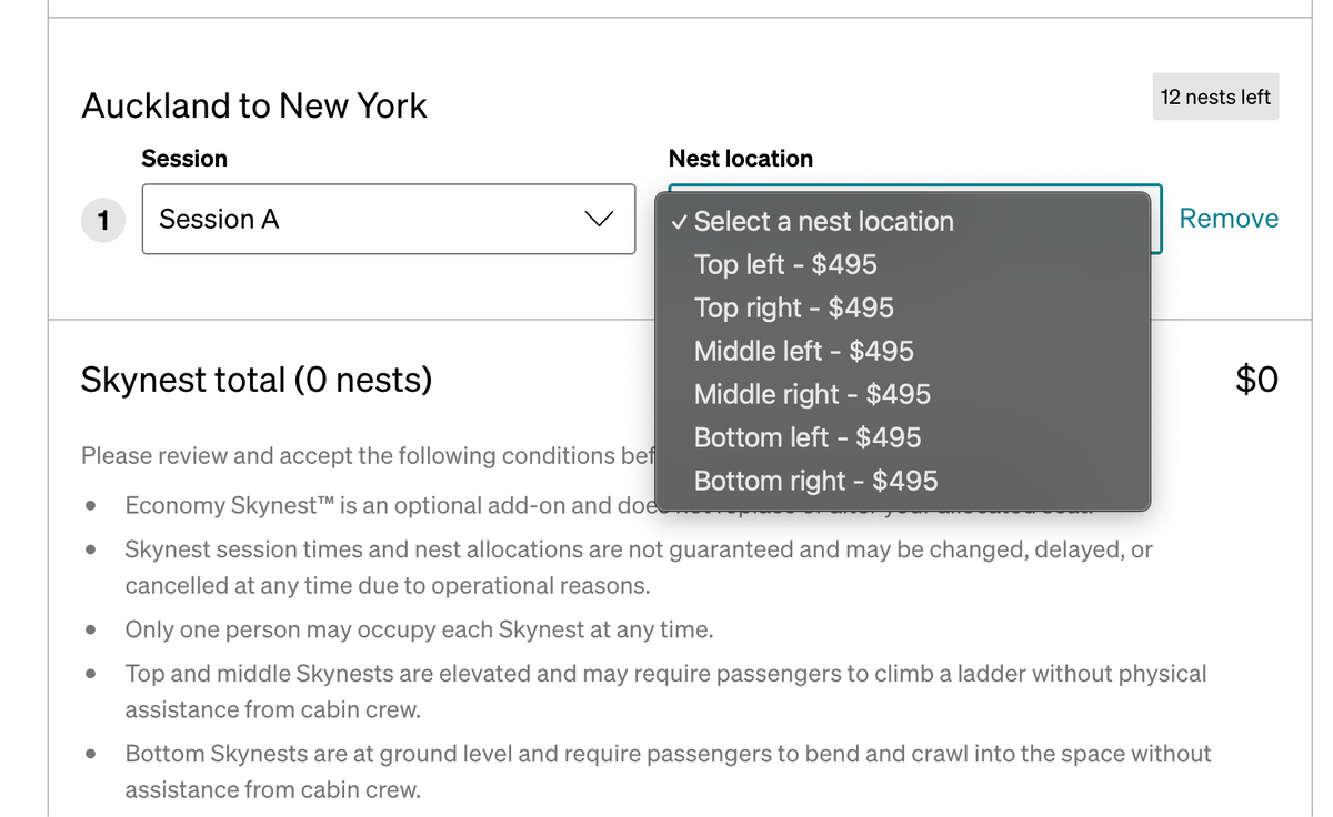 Air New Zealand Sky Nest Bunk Selection