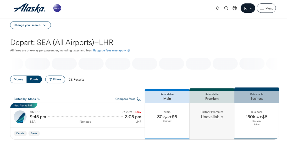 Alaska Airlines Seattle to London cost in points Alaska Airlines Seattle to London cost in points