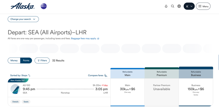 Alaska Airlines Seattle to London cost in points